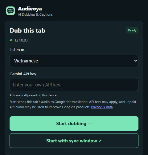 Actual Audivoya control panel with AI Dubbing and Captions branding, language selector, empty API key field, Start dubbing and Start with sync window buttons
