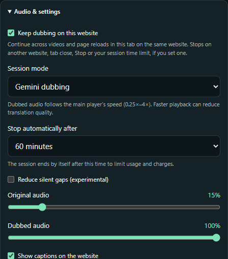 Real Audio and settings controls showing website continuation, session mode and the automatic stop time limit