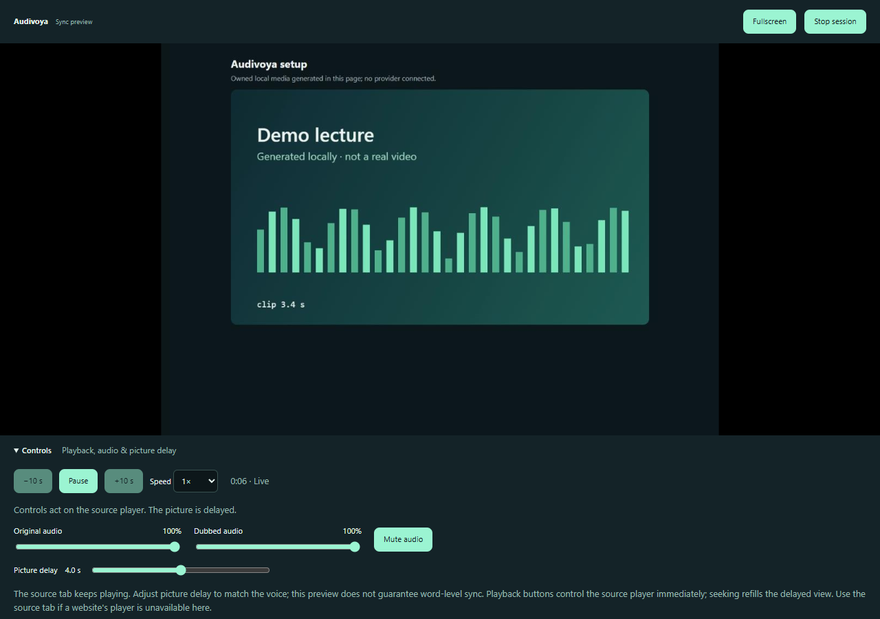 Actual Audivoya sync window with Controls expanded: rewind, pause, skip, speed, original and dubbed audio volume, mute and picture delay