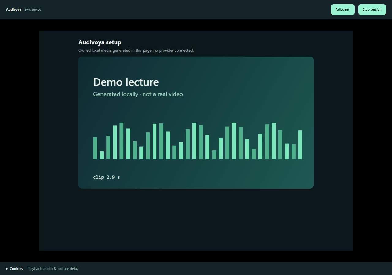 Actual Audivoya sync window showing a locally buffered picture of a generated demo clip above a collapsed Controls panel