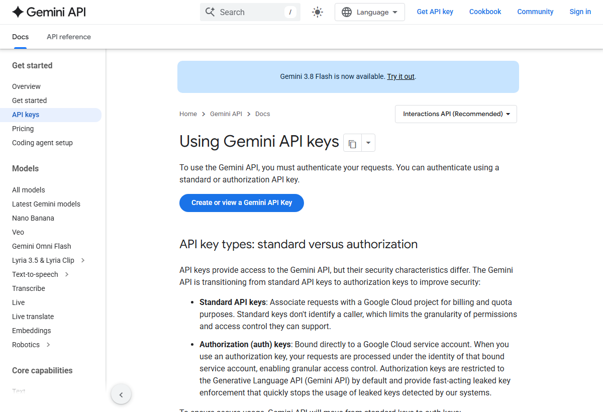 Screenshot of Google's public Gemini API key documentation with the Create or view a Gemini API Key link